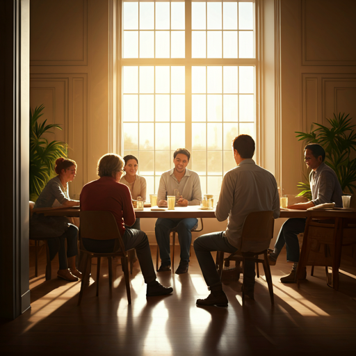 Community gathering in a sunlit hall